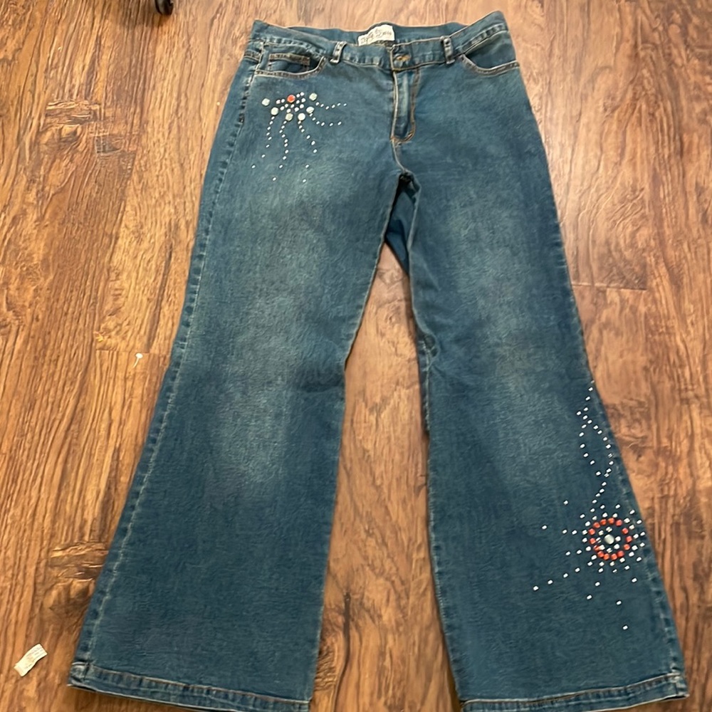 RB Jeans beaded bell bottom leg blue jeans with beaded trim